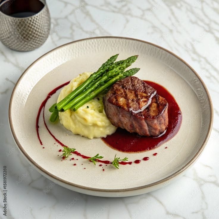 seared steak with mashed potatoes and asparagus