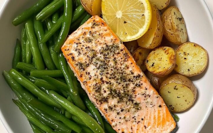 green beans and potatoes with salmon