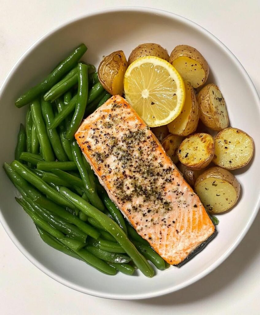 green beans and potatoes with salmon